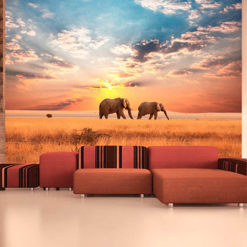 Artgeist Afrikaanse Savanne Olifanten Vlies Fotobehang Sfeer | Yourdecoration.nl