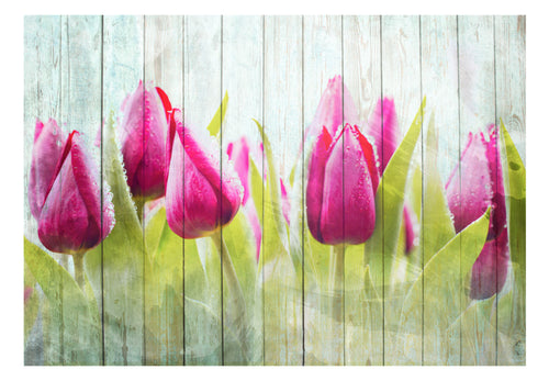 Fotobehang - Tulips on White Wood - Vliesbehang