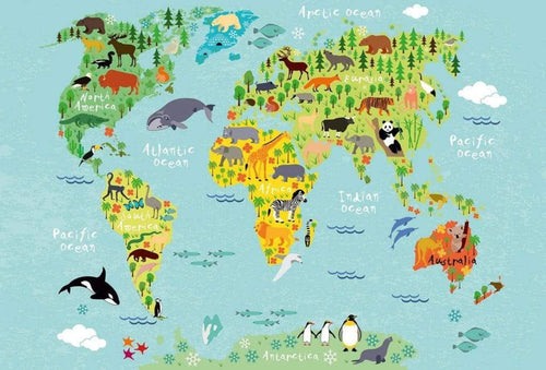 Wizard+Genius Kids World Map Animals Vlies Fotobehang 384x260cm 8 banen | Yourdecoration.nl